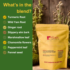 Rachelstea loose herb blend with visible turmeric and roots showing full-spectrum botanicals
