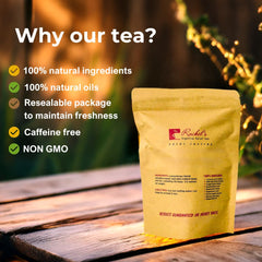 Rachelstea brewed tea in a mug warm amber color offering calming digestive comfort