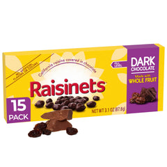 Raisinets front box showing branding and dark chocolate coating benefit