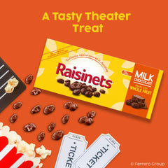 Hand holding Raisinets box for scale, demonstrates portable convenience and portion size