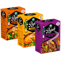 Treats from Home Rajah front packaging showing three curry jars and variety