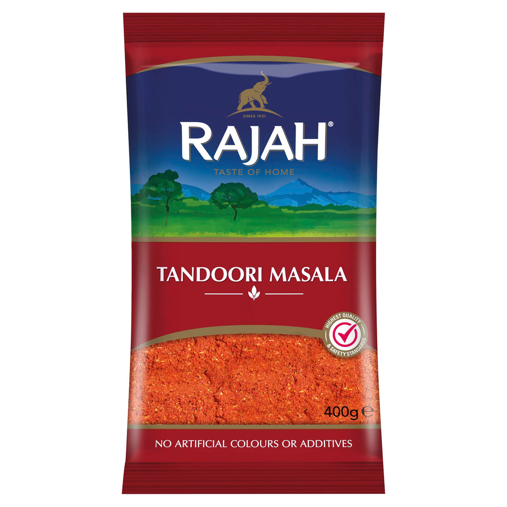 Rajah Tandoori Masala front pack, vibrant spices for bold flavor
