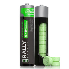 Rally Energy front packaging showing two resealable tins and product branding for convenient energy
