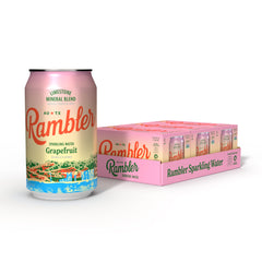 RAMBLER front pack of grapefruit sparkling water showing branding and cans, refreshing option