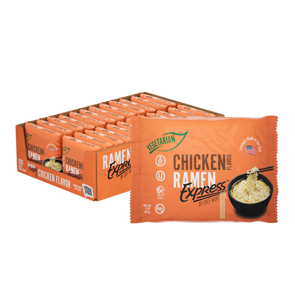 RAMEN EXPRESS front packaging showing 24-pack, highlights plant-based benefit