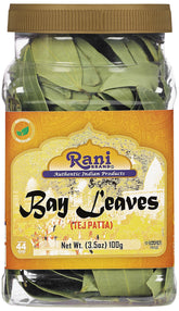 Rani Brand jar front view showing extra-large bay leaves and clear PET packaging for freshness