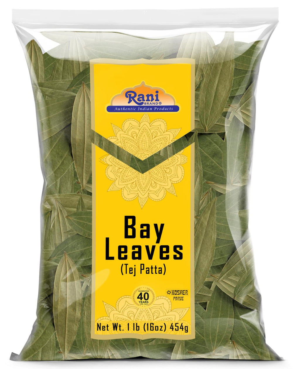 Rani Brand front packaging showing one-pound bay leaf bag and product clarity benefit