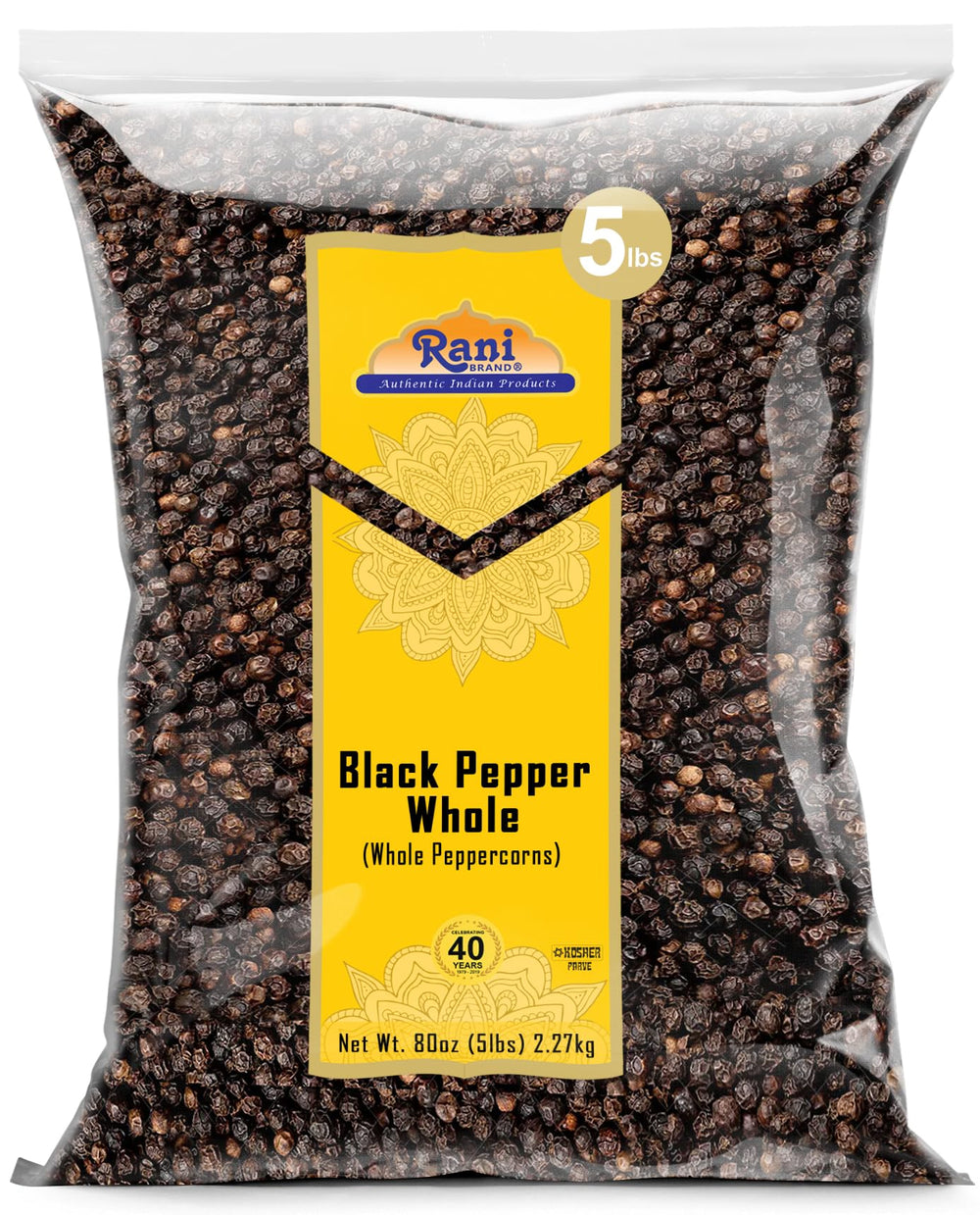 Rani Brand front packaging showing 80oz bulk peppercorns and durable carton preservation benefit
