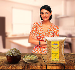 Open PET jar of Rani fenugreek with spoon indicating easy scooping and convenience