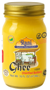 Rani Brand ghee front glass jar showing label and clear rich butter oil, ready to use