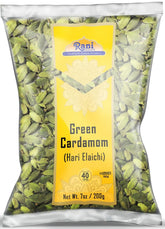 Rani Brand front packaging showing 7oz green cardamom, clear label and benefits