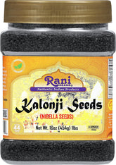 Rani Brand front packaging showing 16oz PET jar and black kalonji seeds for easy identification and storage