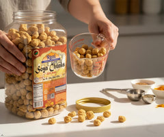 Rani Brand jar open with dry soya chunks ready to use