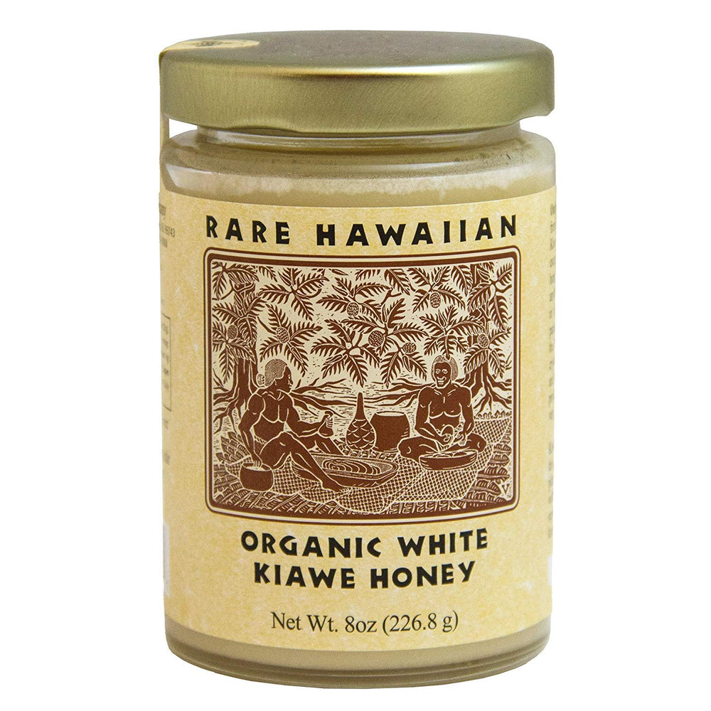 Rare Hawiian Honey jar front view showing pale creamy texture and organic label