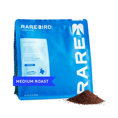 Rarebird front packaging showing low-acid specialty coffee and paraxanthine benefit