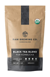 Raw Brewing Company front packaging showing organic loose leaf tea and clear labeling for brewing benefits