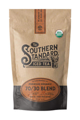 Raw Brewing Company front packaging of The Southern Standard 70/30 showing organic label and included tea bags, clear ingredient benefit
