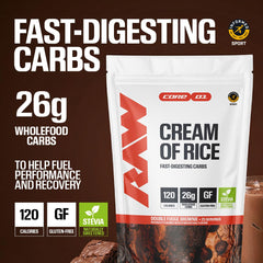 RAW mixed Double Fudge Brownie shake in glass demonstrating smooth pourable fuel