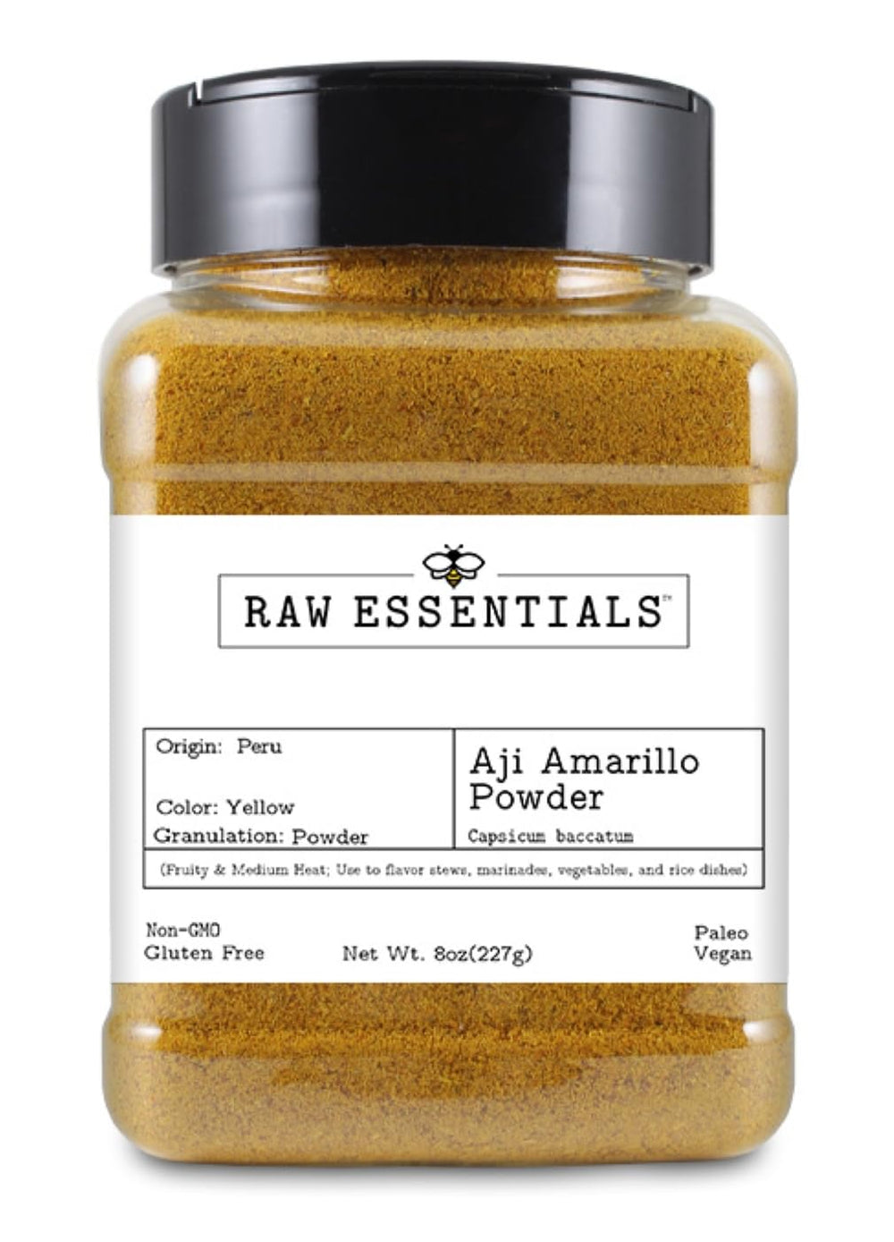 Raw Essentials front packaging showing 8 oz resealable jar and label benefit