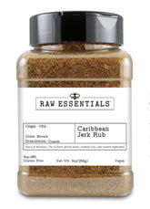 Raw Essentials front label view showing bold Caribbean seasoning
