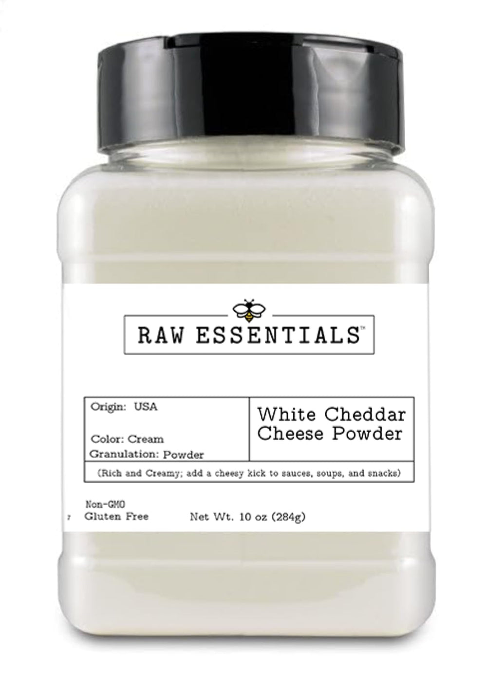 Raw Essentials bottle front view showing white cheddar packaging and easy use