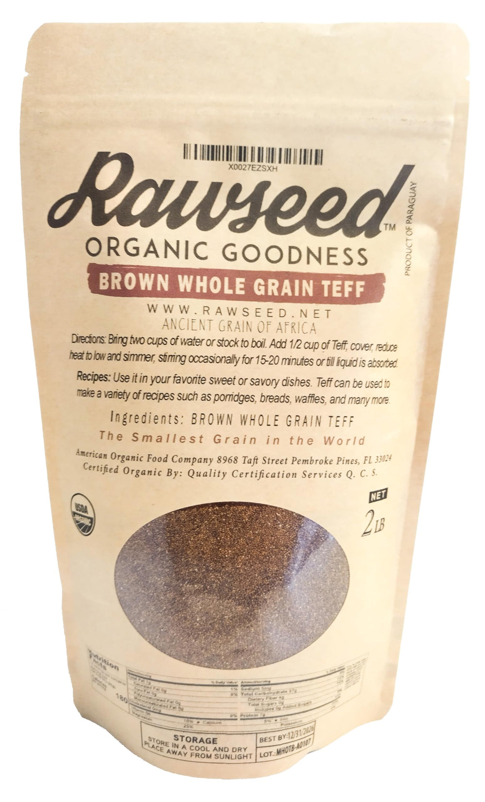 Rawseed Organic Brown Teff front packaging showing size and benefits