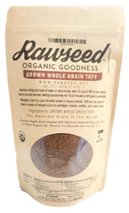 Rawseed Organic Brown Teff front packaging showing size and benefits