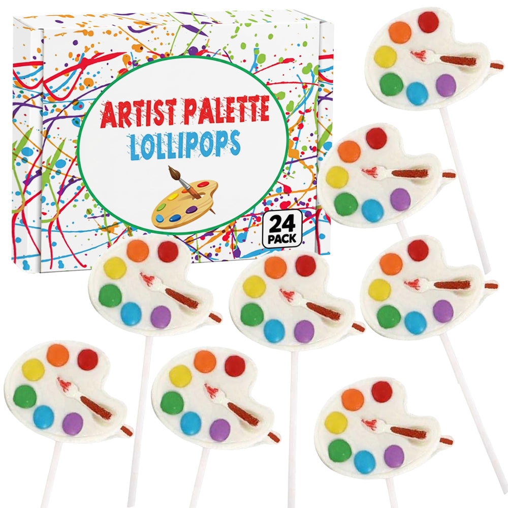 RBBZ Party front packaging of 24 lollipops showing colorful paint theme and easy planning