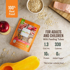 REAL FOOD BLENDS close-up of salmon, oats and squash ingredients for transparency