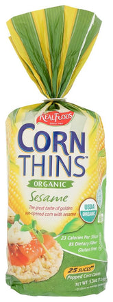 Real Foods front packaging showing corn thin sesame pack and label benefits