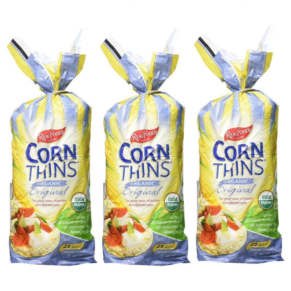 Real Foods front packaging showing three 5.3oz bags and organic label benefits