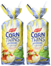 Real Foods front packaging showing organic corn thins and convenience