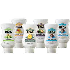 Reàl Infused Exotics front packaging showing all six tropical flavors, bright visual appeal