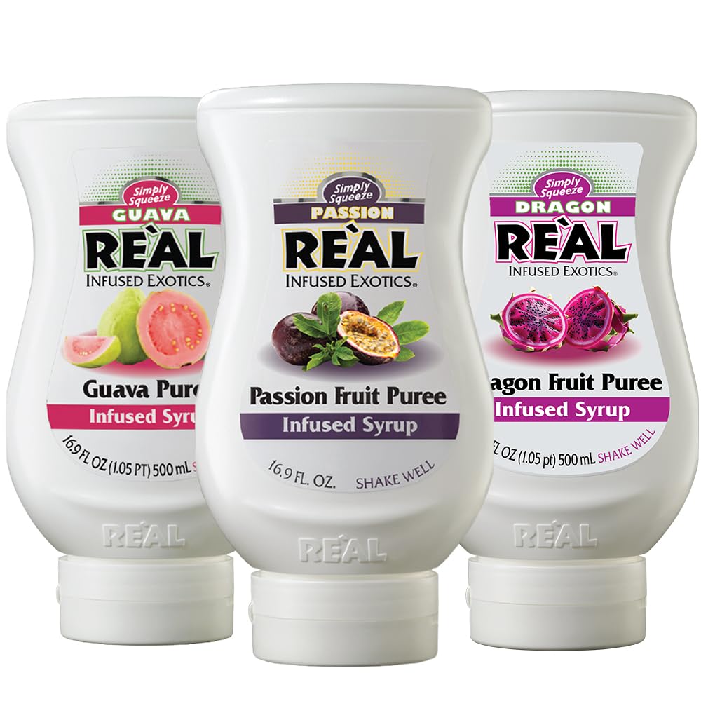 Reàl Infused Exotics front packaging showing three tropical bottles and bold fruit colors