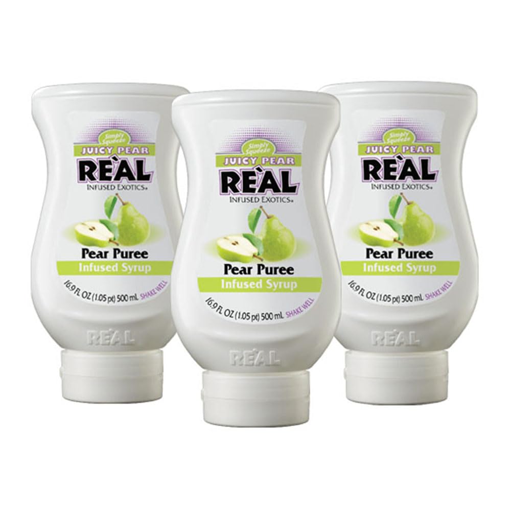 Reàl Infused Exotics front packaging showing three 16.9 fl oz bottles and clear pear label, precise flavor