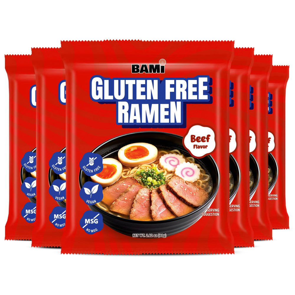Real Naturals front packaging showing gluten-free beef ramen and six-pack benefit