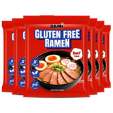 Real Naturals front packaging showing gluten-free beef ramen and six-pack benefit