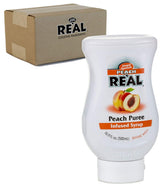 Real bottle front label showing peach syrup brand and volume for easy identification