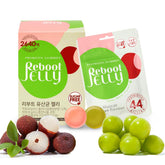Reboot Jelly front packaging showing lychee and Shine Muscat, convenient six-pack