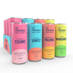 Recess sampler front packaging showing all four mocktail flavors and benefits