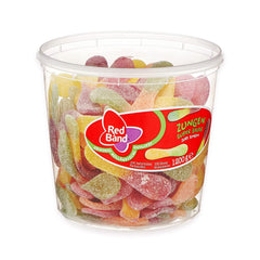 Red Band front tin showing brand and sour wine gum benefit of resealable tin