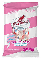 Red Bird close-up of cotton candy puffs texture, soft melt-in-mouth benefit