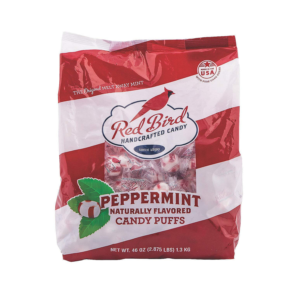 Red Bird front packaging showing puffs and convenient portable size for freshness