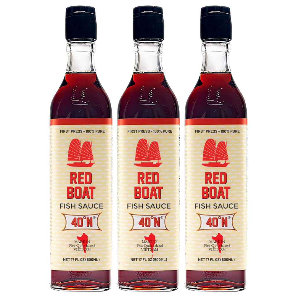 Red Boat front packaging 17 fl oz showing clean label and glass bottle benefit: authentic look