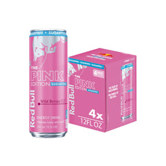 Red Bull Pink Edition front can showing Wild Berries flavor and benefit of portable energy