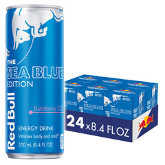 Red Bull Sea Blue front can showing Juneberry flavor and branding for quick recognition