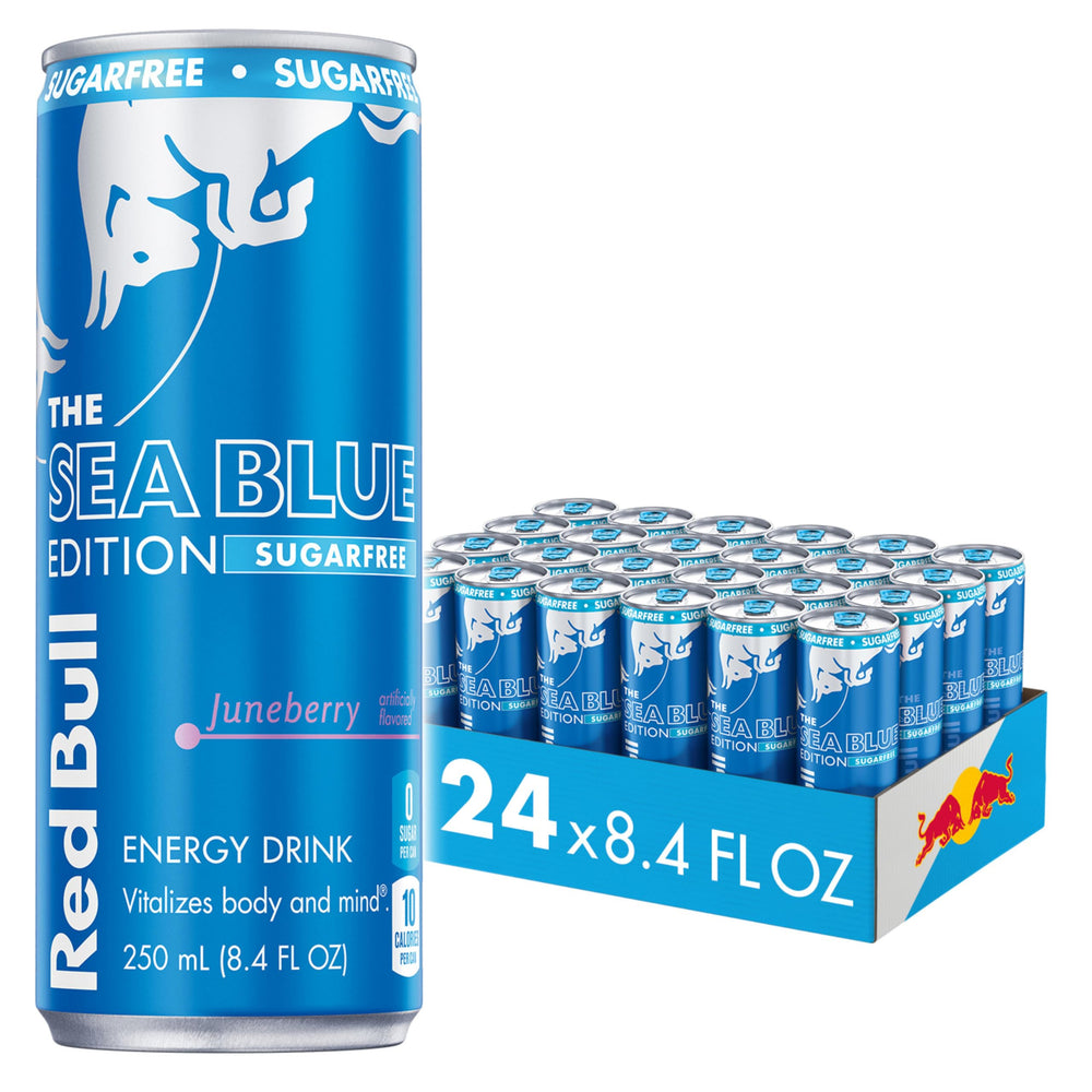 Red Bull Sea Blue front can showing juneberry flavor and sugarfree benefit