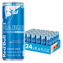Red Bull Sea Blue front can showing juneberry flavor and sugarfree benefit