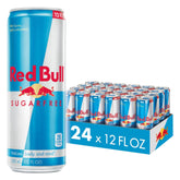 Red Bull front can view showing branding and sugarfree label, refreshment on the go