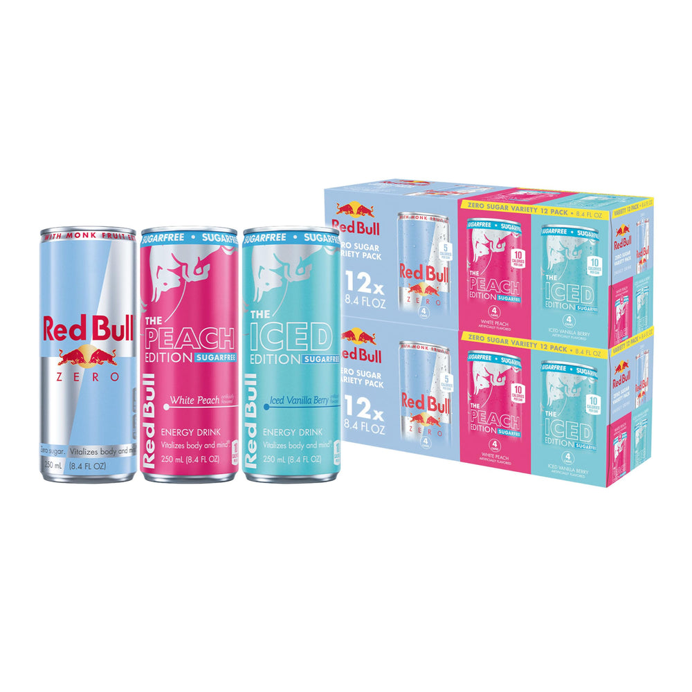 Red Bull variety pack front view showing three sugarfree flavors and recyclable cans benefit